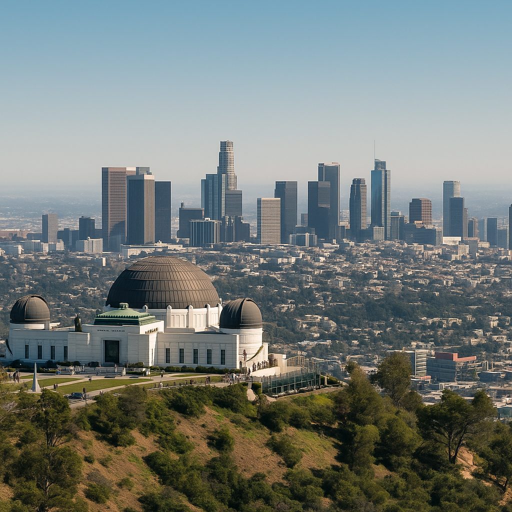 Los Angeles skyline with Griffith Observatory in the foreground, ideal background for HVAC services website