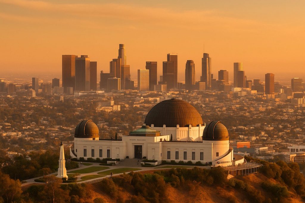 Calabasas HVAC services by Green Future Heating & Air Conditioning, Griffith Observatory with Los Angeles skyline at sunset.